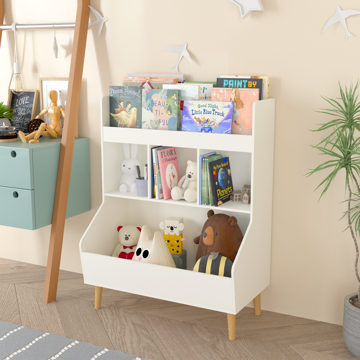 Toy Storage Organizer, Kids Bookshelf and Toy Storage with Legs, Multifunctional Storage Organizer, Children Bookcase for Kids Room, Living Room, Nursery,White W808P200978-djyc