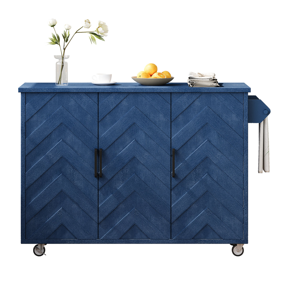 K&K 51.2"W 3D Wave Stripes Ash Veneer(Not Cheap Paper) Kitchen Island with Drop Leaf, Farmhouse Kitchen Island on Wheels with Internal Storage Rack, Rolling Kitchen Cart (Navy Blue) N707P207915E-djyc