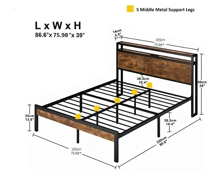 King Size Metal Platform Bed Frame with Wooden Headboard and Footboard with USB LINER, LED Lights ,No Box Spring Needed, Large Under Bed Storage, Easy Assemble W311134464-djyc