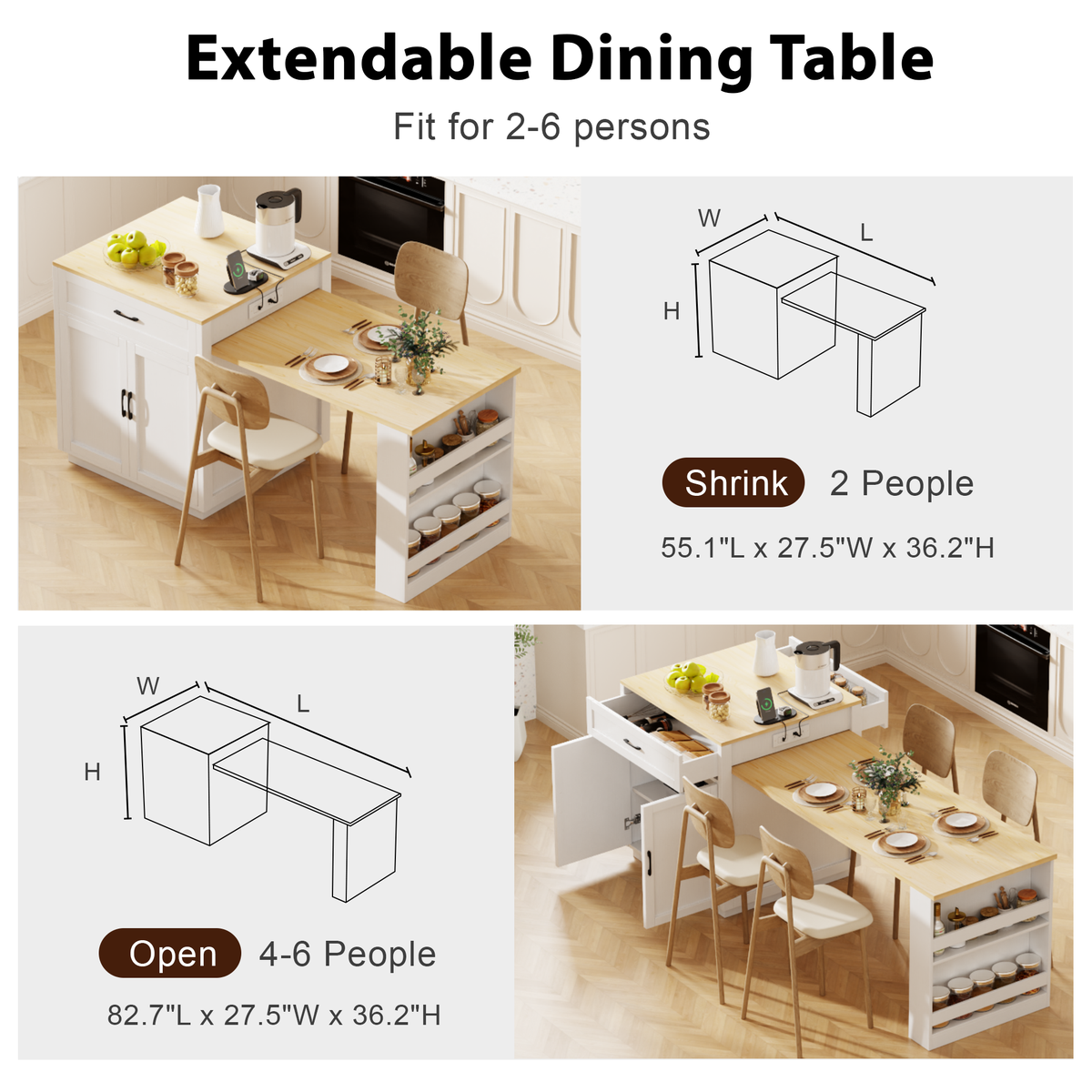 K&K 82.7 inch Kitchen Island with Extendable Dining Table for 4-6 Person,Two-tone Kitchen Table with Double-sized Storage, Power Outlet, Kitchen island with Storage 2 Drawers 2 Side Open Shelves,White N707S000010W-djyc