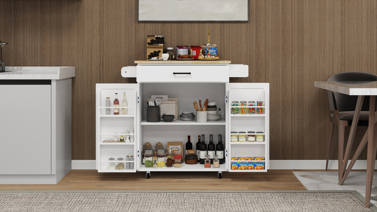 Kitchen island rolling trolley cart with 1 drawer & 2 doors with storage racks & Adjustable Shelves & towel rack & seasoning rack rubber wood table top-White W282P163314-djyc