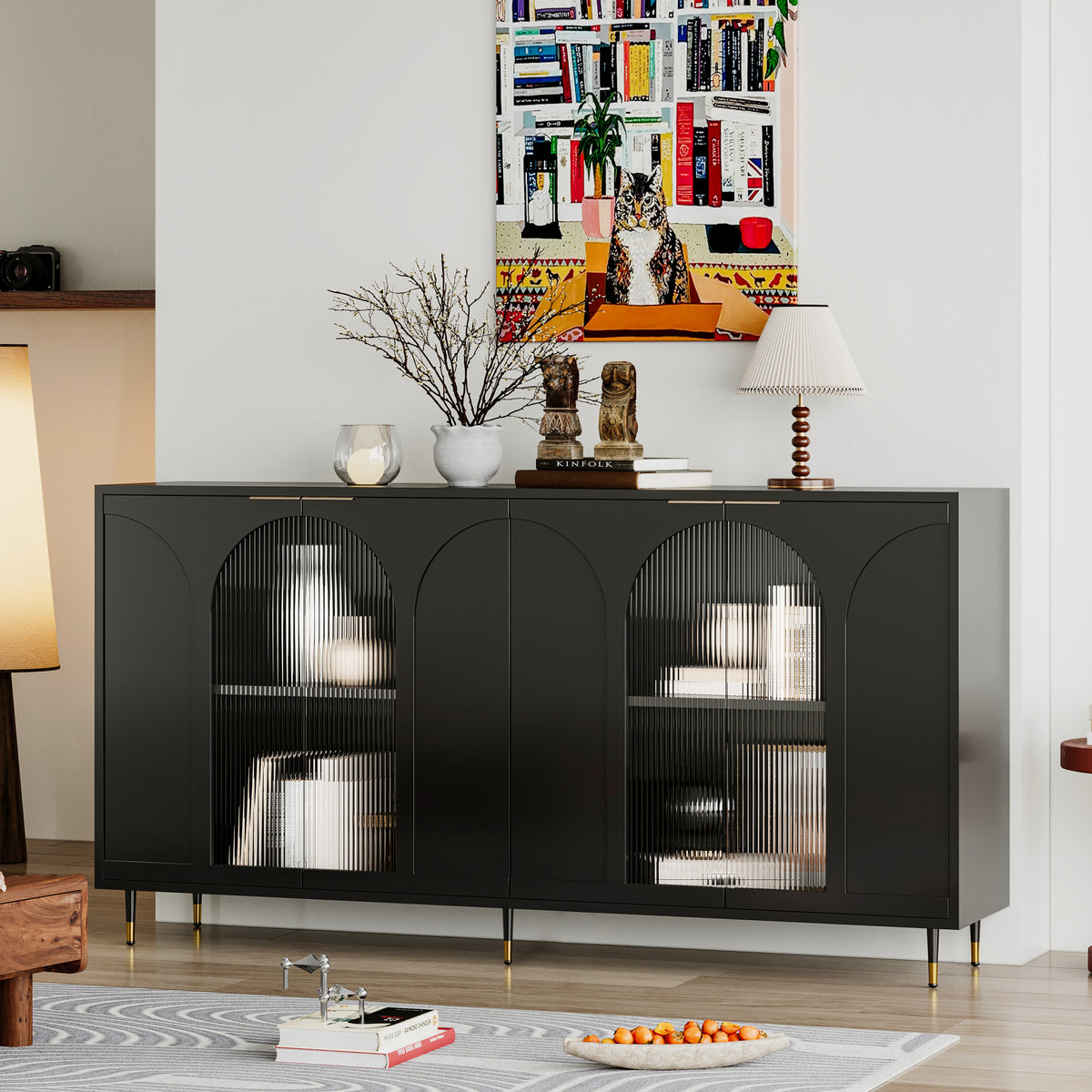 Accent Cabinet Black Lacquered Wooden Cabinet with 4 Glass Doors Sideboard Buffet Server Cabinet Storage Cabinet, for Living Room, Entryway, Hallway, Office, Kitchen and Dining Room W1435133310-djyc