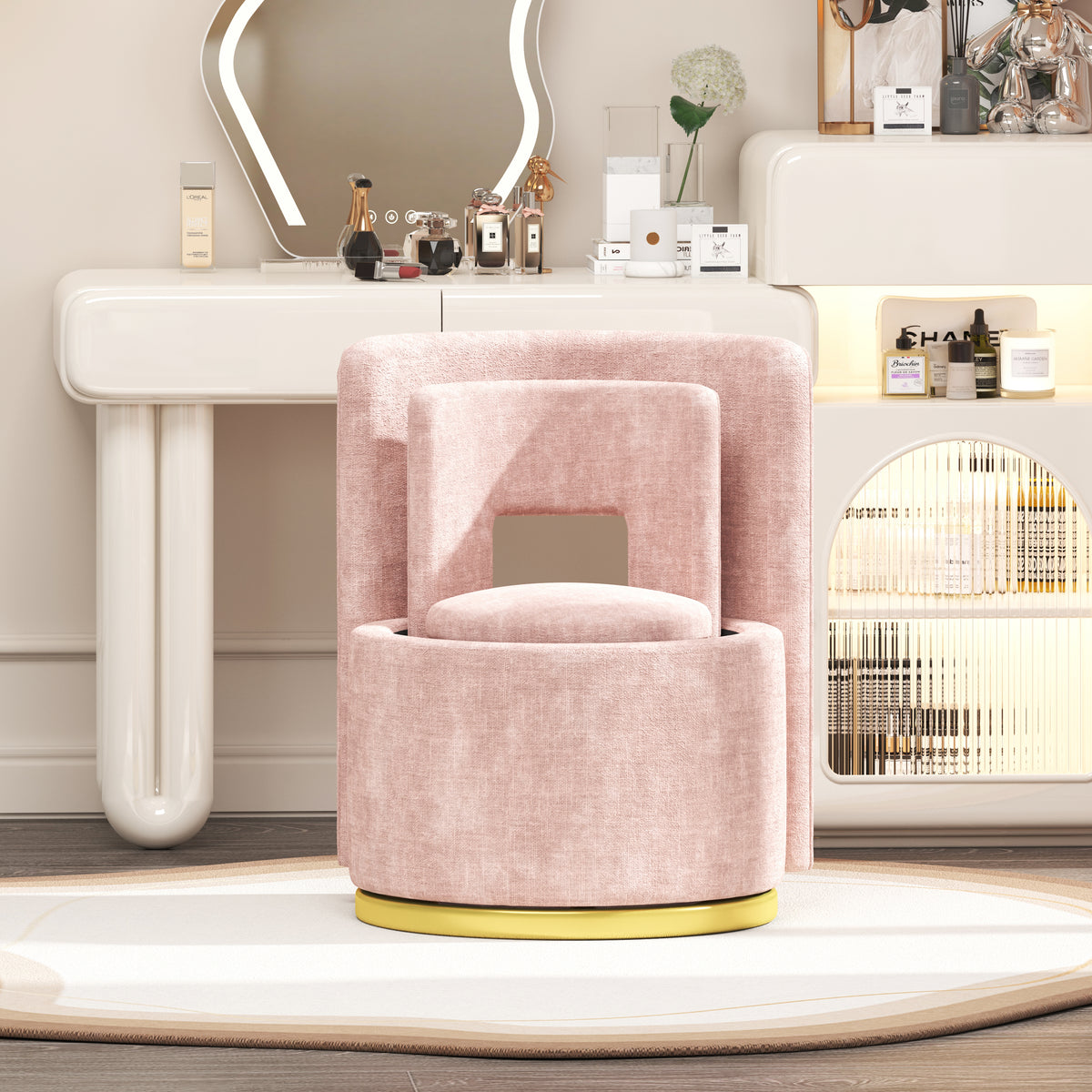 360° Round Swivel Chair with Storage under Seat, Comfy Chair for Living Room Bedroom Reading Room (Pink) W1669P224548-djyc