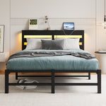 Full Size Metal Bed Frame with Wooden Headboard, RGB Lights, Outlets & Charger, Storage Shelf, Noise-Free, No Box Spring Needed W840P209906-djyc