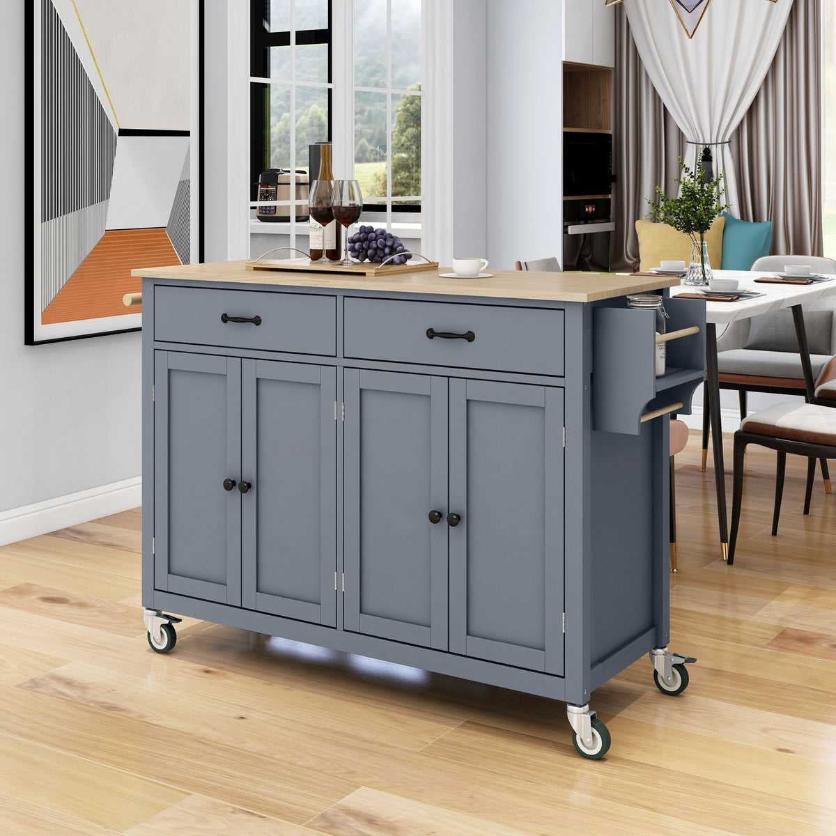 Kitchen Island Cart with Solid Wood Top and Locking Wheels,54.3 Inch Width,4 Door Cabinet and Two Drawers,Spice Rack, Towel Rack (Grey Blue) WF286911AAG-djyc