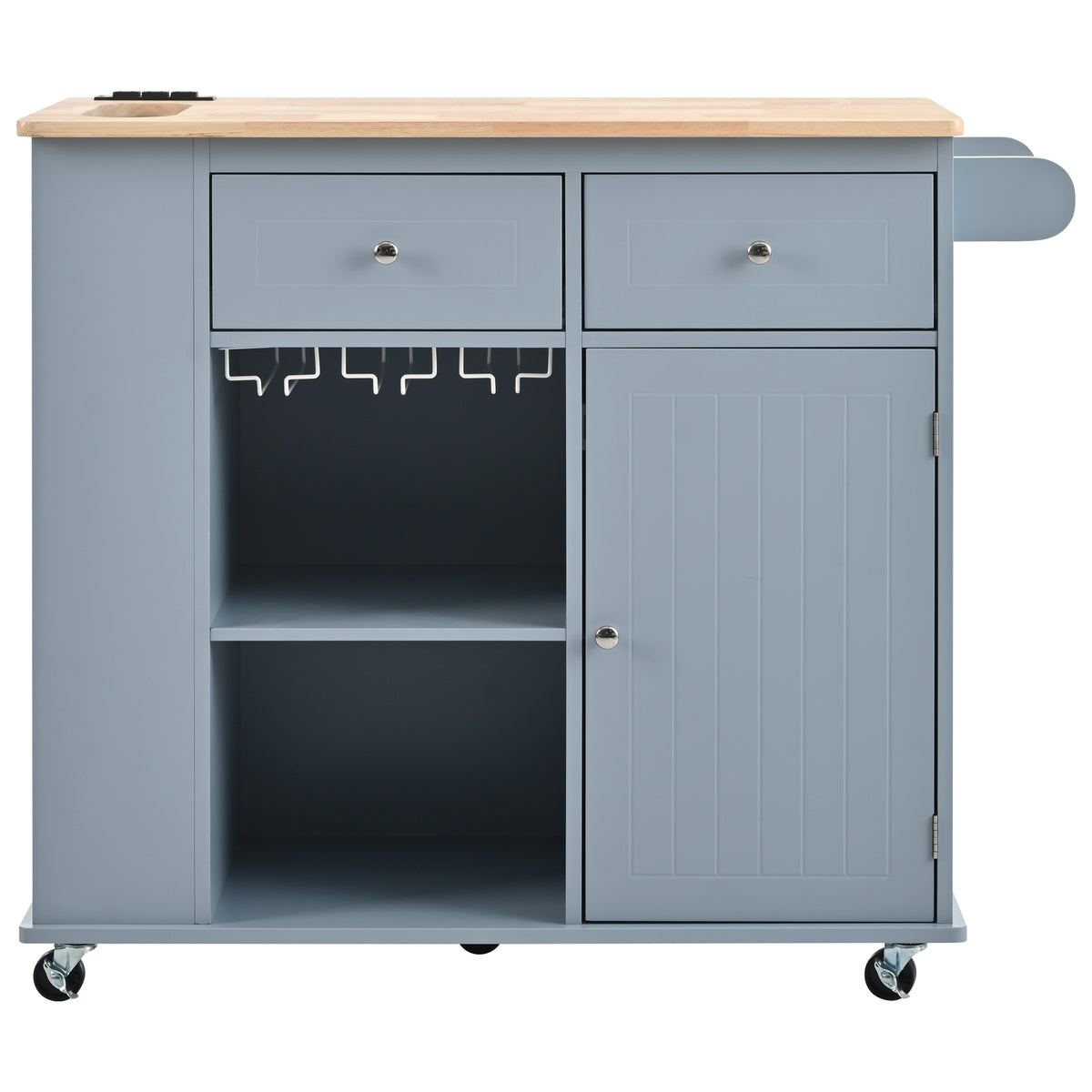 Kitchen Island with Power Outlet,Kitchen Storage Island with Drop Leaf and Rubber Wood,Open Storage and Wine Rack,5 Wheels,with Adjustable Storage for Home, Kitchen, and Dining Room, Grey Blue WF305556AAG-djyc