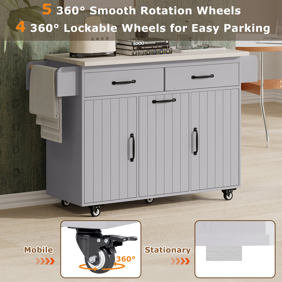 K&K Kitchen Island with Trash Can Storage Cabinet, Kitchen Cart with Drop Leaf, Spice Rack, Towel Rack and Drawer, Rolling Kitchen Island on Wheels with Adjustable Shelf, Grey WF326381AAG-djyc