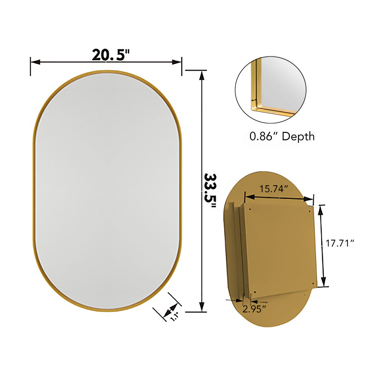 20x34 Inch Oval Recessed Medicine Cabinet, Metal Framed Bathroom Wall Cabinet with Mirror and Adjustable Shelves, Wall Mirror with Storage for Bathroom, Matte Gold W1435P210490-djyc