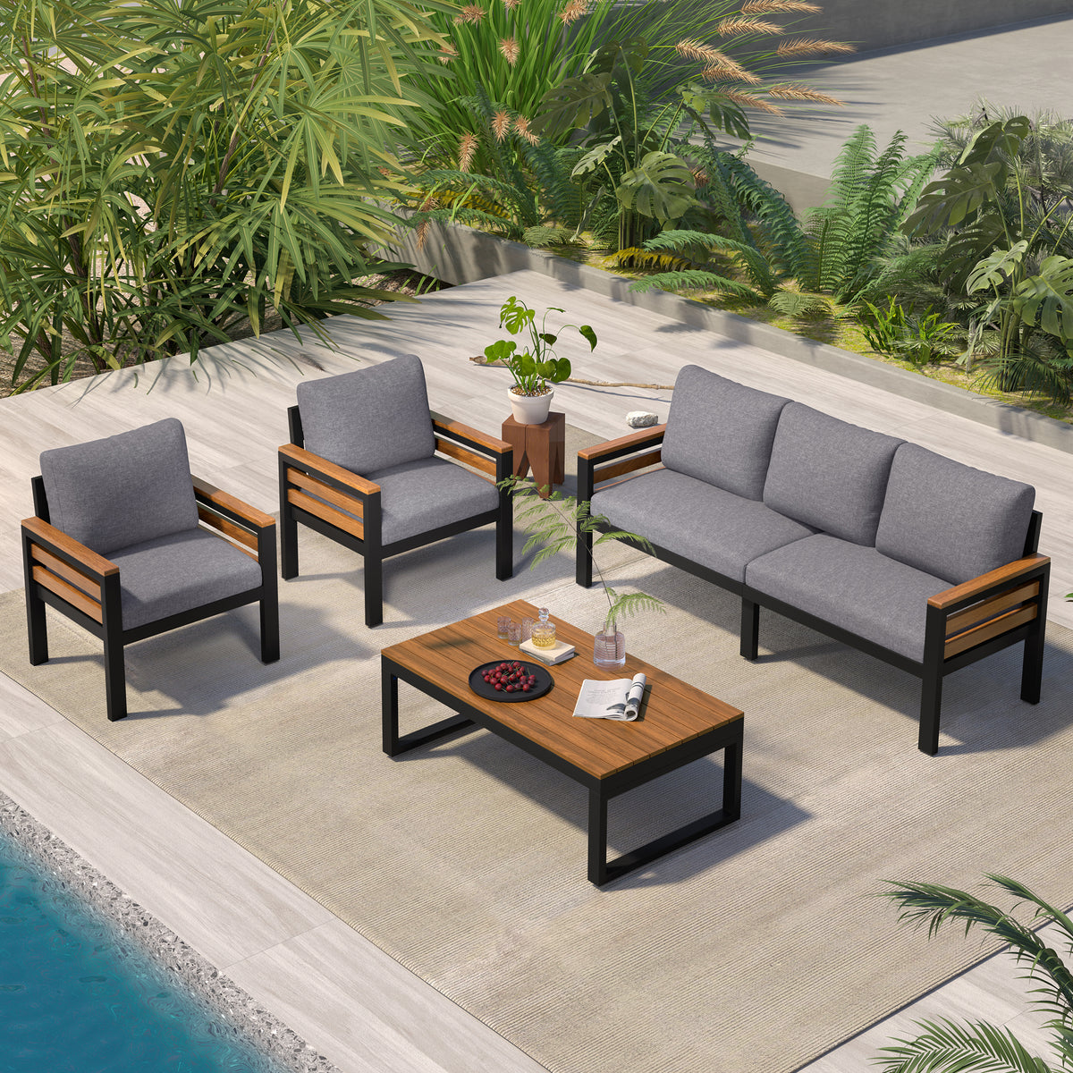 4-Piece Outdoor Furniture Sofa Set for 5 People withAcacia Wood Armrests, Patio Conversation Set with Removable Cushion and Solid Wood Coffee Tablefor Garden and Backyard, Grey N704G201246E-djyc