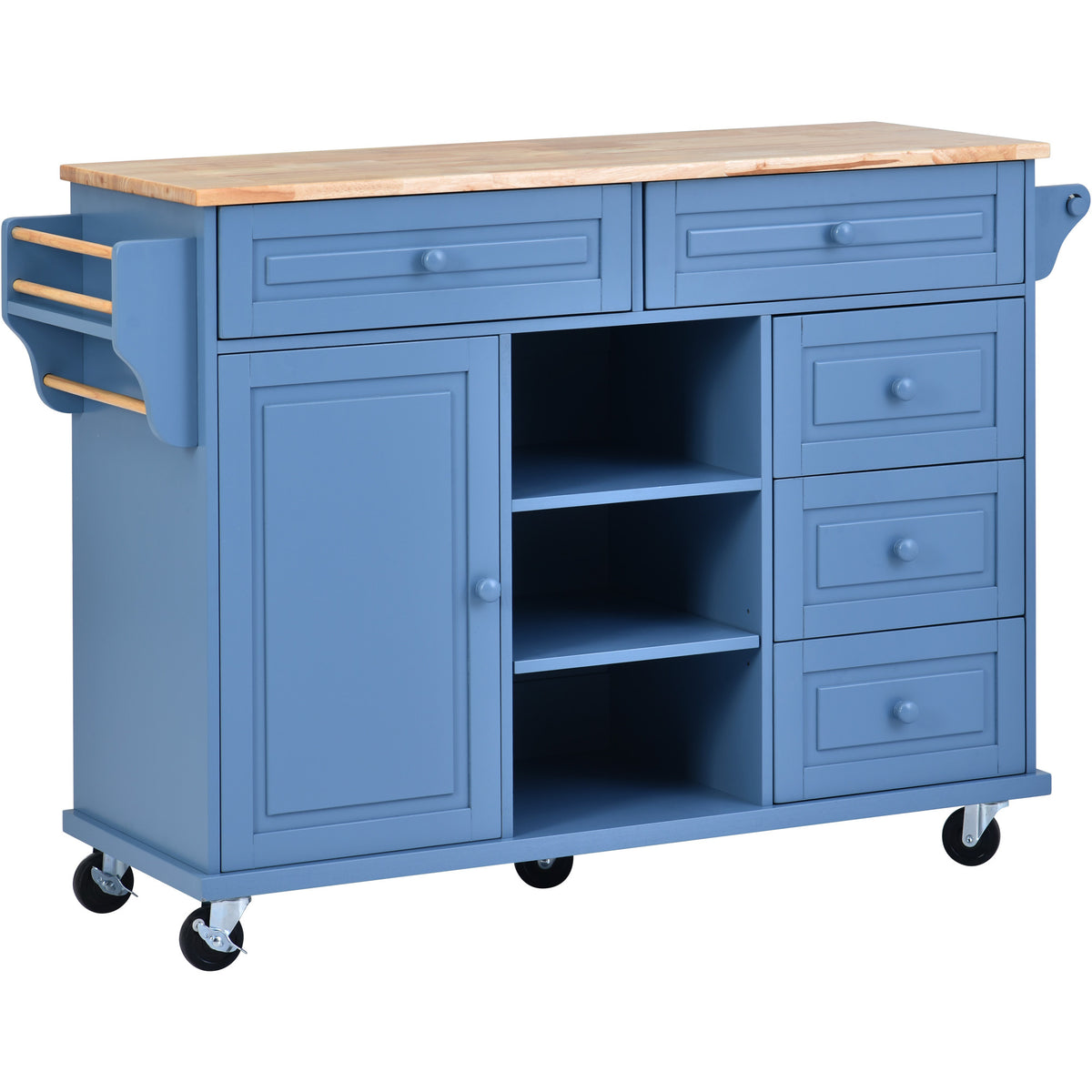 Kitchen cart with Rubber wood desktop rolling mobile kitchen island with storage and 5 draws 53 Inch length (Blue) WF297003AAG-djyc