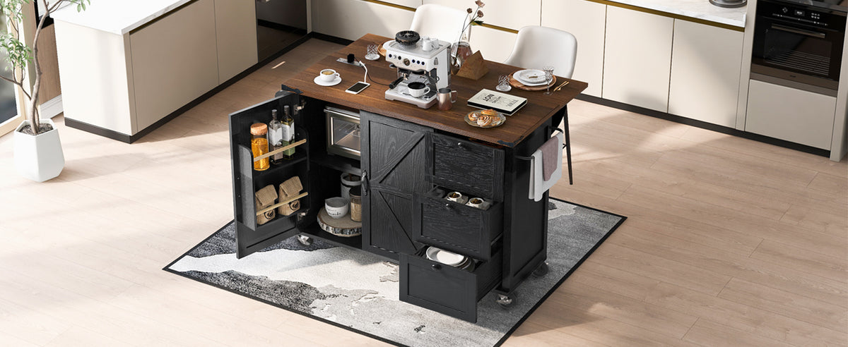 K&K 54.5" Farmhouse Kitchen Island with Power Outlet, Kitchen Storage Islandwith Internal Storage Rack, Drop Leaf, Spice Rack, Rolling Kitchen Cart on Wheels, for Home, Kitchen and Dining Room,Black N707P170349B-djyc