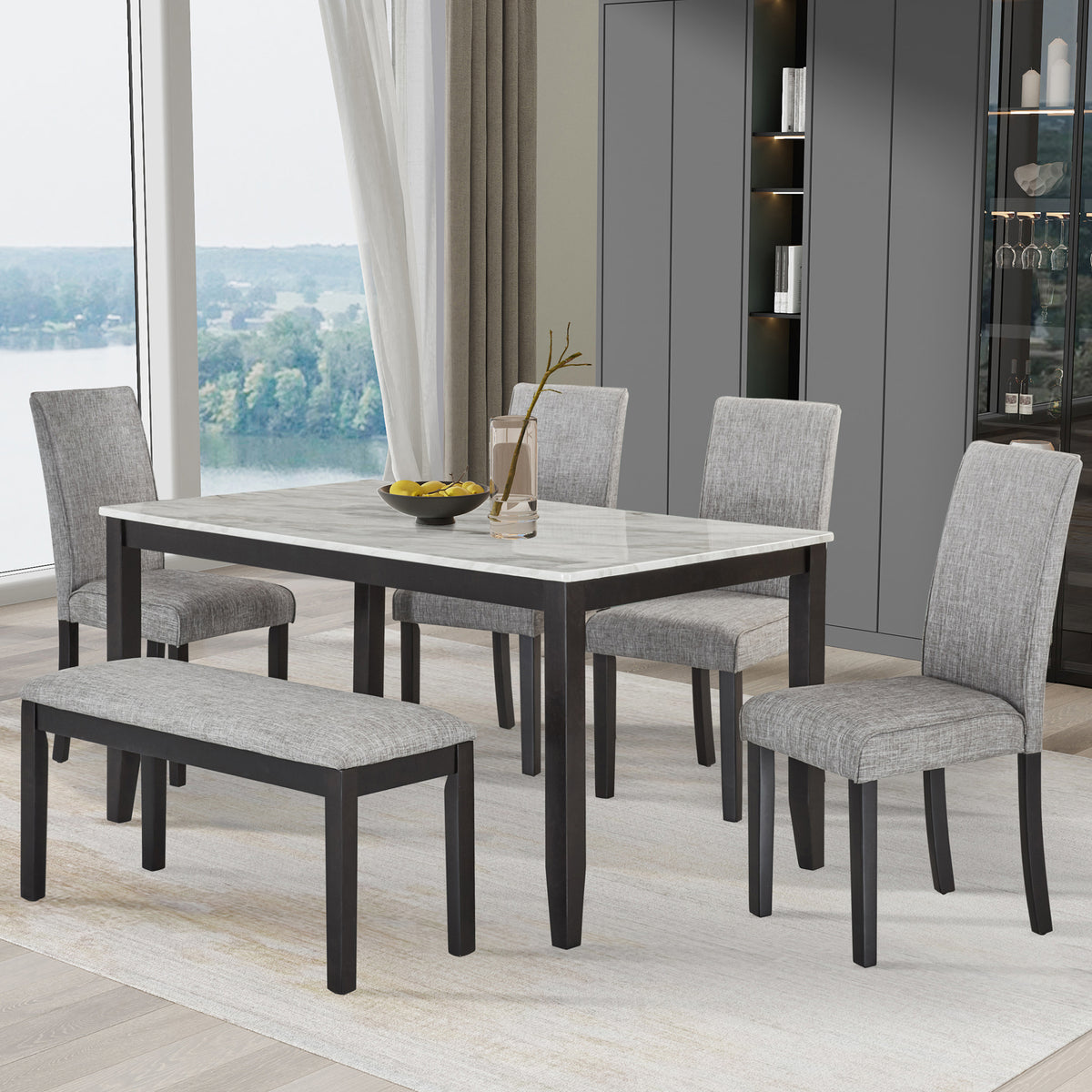 6-Piece Dining Set with Faux Marble Tabletop, Faux Marble dining table set for 6, Modern Wooden Dining Table Set with Bench and 4 Chairs for Kitchen and Dining Room, White +Dark Espresso W1998S00057-djyc