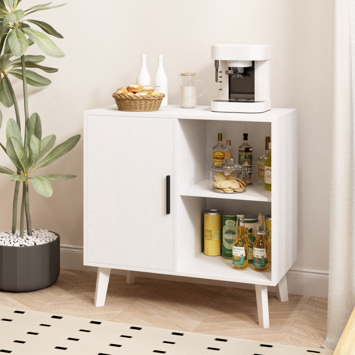 Sideboard Buffet Kitchen Storage Cabinet, Accent Cabinet with Solid Wood Feet for Decorated Doors, Dining Room, Hallway, Cupboard Console Table, Liquor / Accent Cabinet (White) W808P152923-djyc