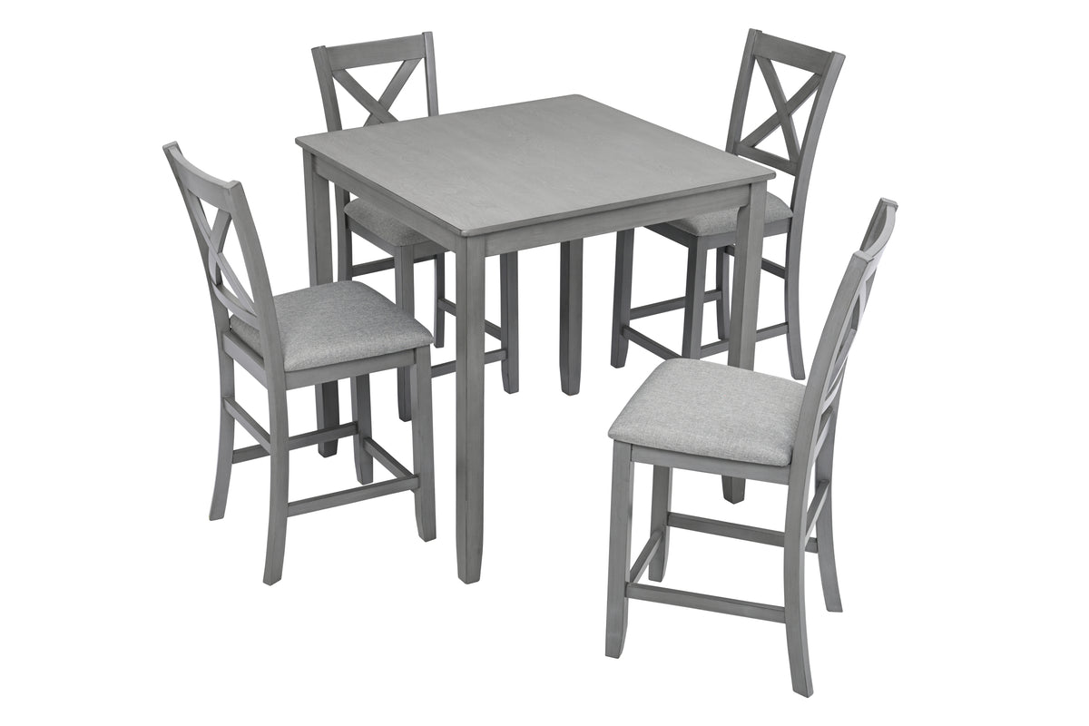 5 Piece Dining Table Set, Wooden Dining Square Table Set for 4, Counter Height Kitchen Table Set with Square Table and 4 Upholstered Chairs for Small Space, Gray W1998S00028-djyc