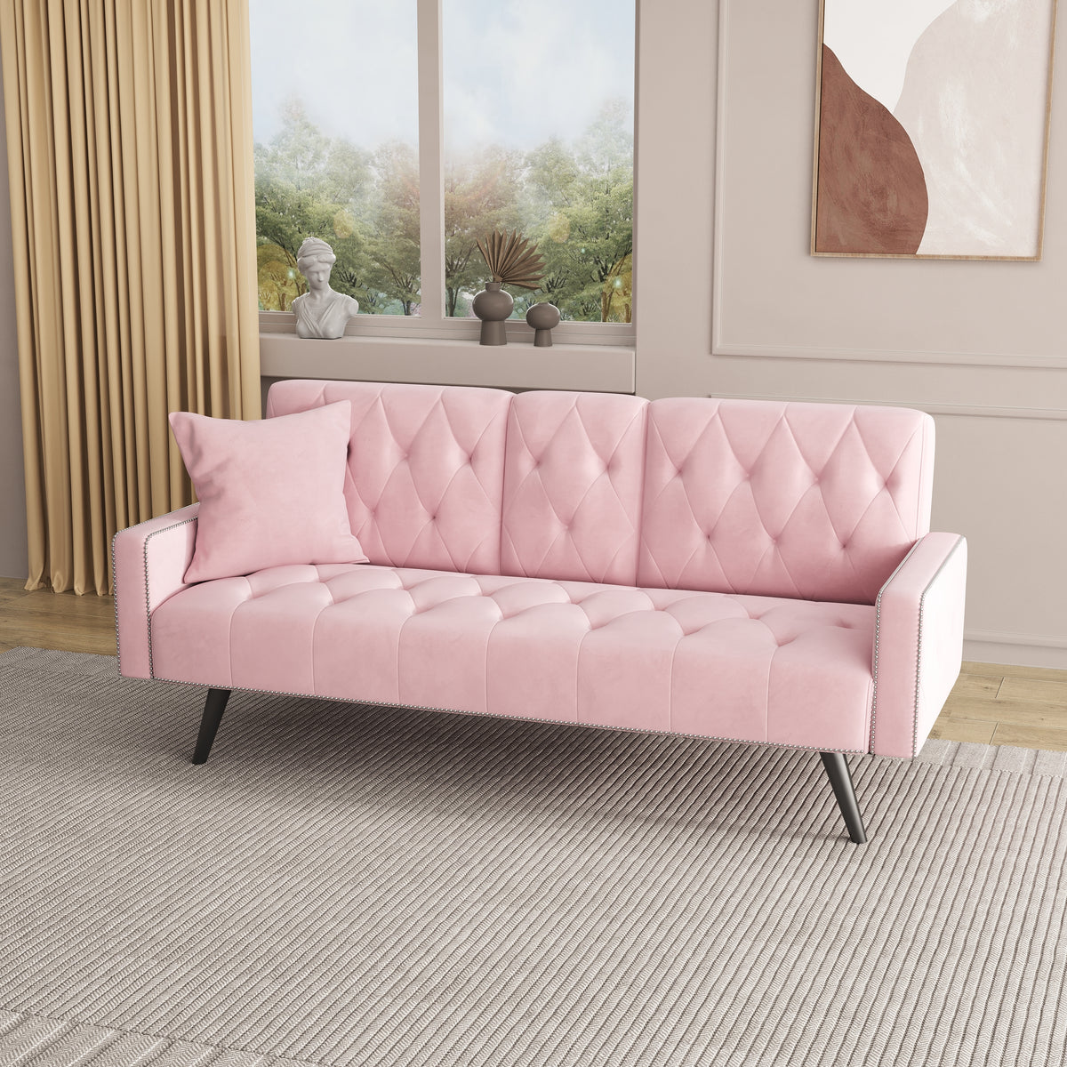 1730 Sofa Bed Armrest with Nail Head Trim with Two Cup Holders 72" Pink Velvet Sofa for Small Spaces W127850868-djyc