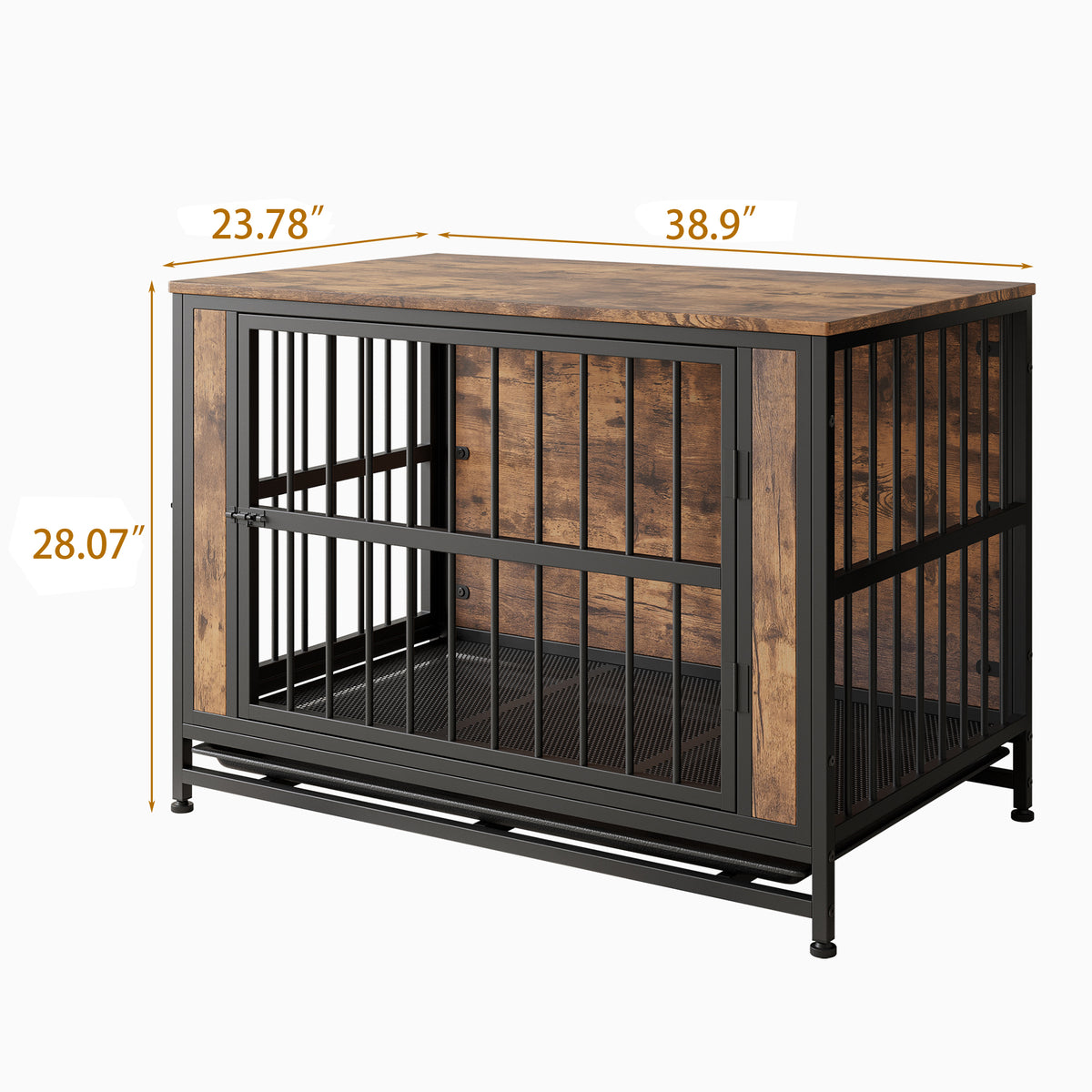 Dog Crate Furniture,Wooden Dog Crate Table, 38.9" Dog Kennel with 2 Sliding Doors and Thick Iron Door Frame, Decorative Pet Crate House for Large/Medium/Small Dog Indoor Use(Rustic Brown) W840P203068-djyc