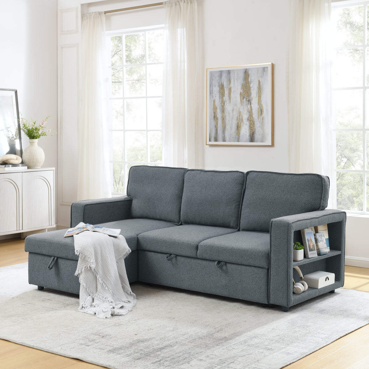 Linen Upholstered Sleeper Sectional Sofa, Shaped Modular Convertible Sofa with Storage Chaise,There are two cup holders in the middle and USB multi-interface function,Pull Out Sleep Couch Bed ,Grey W487S00245-djyc