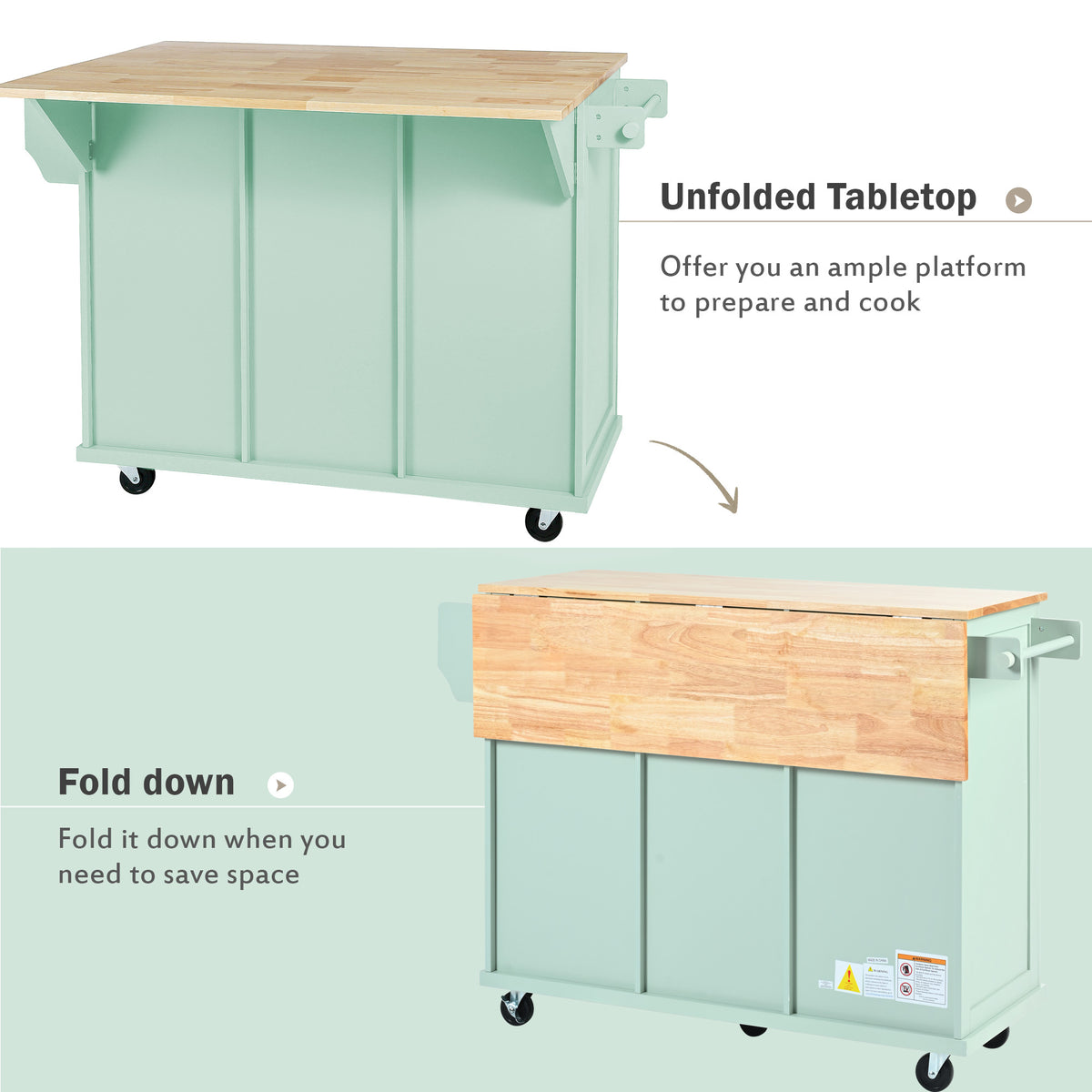 Kitchen Cart with Rubber wood Drop-Leaf Countertop ,Cabinet door internal storage racks,Kitchen Island on 5 Wheels with Storage Cabinet and 3 Drawers for Dinning Room, Mint Green WF298028AAE-djyc