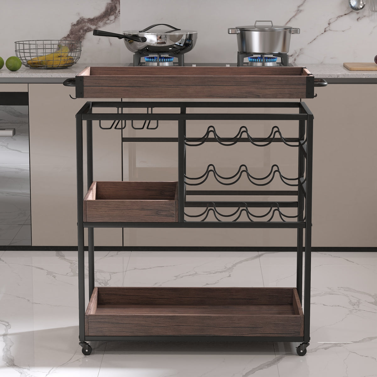 3 Tier Industrial Rolling Serving Cart with Lockable Wheels, Wine Rack Cart with Glass Holder for Indoor and Outdoor, Beverage Trolley cart with 2 Removable Tray, W2557P195401-djyc