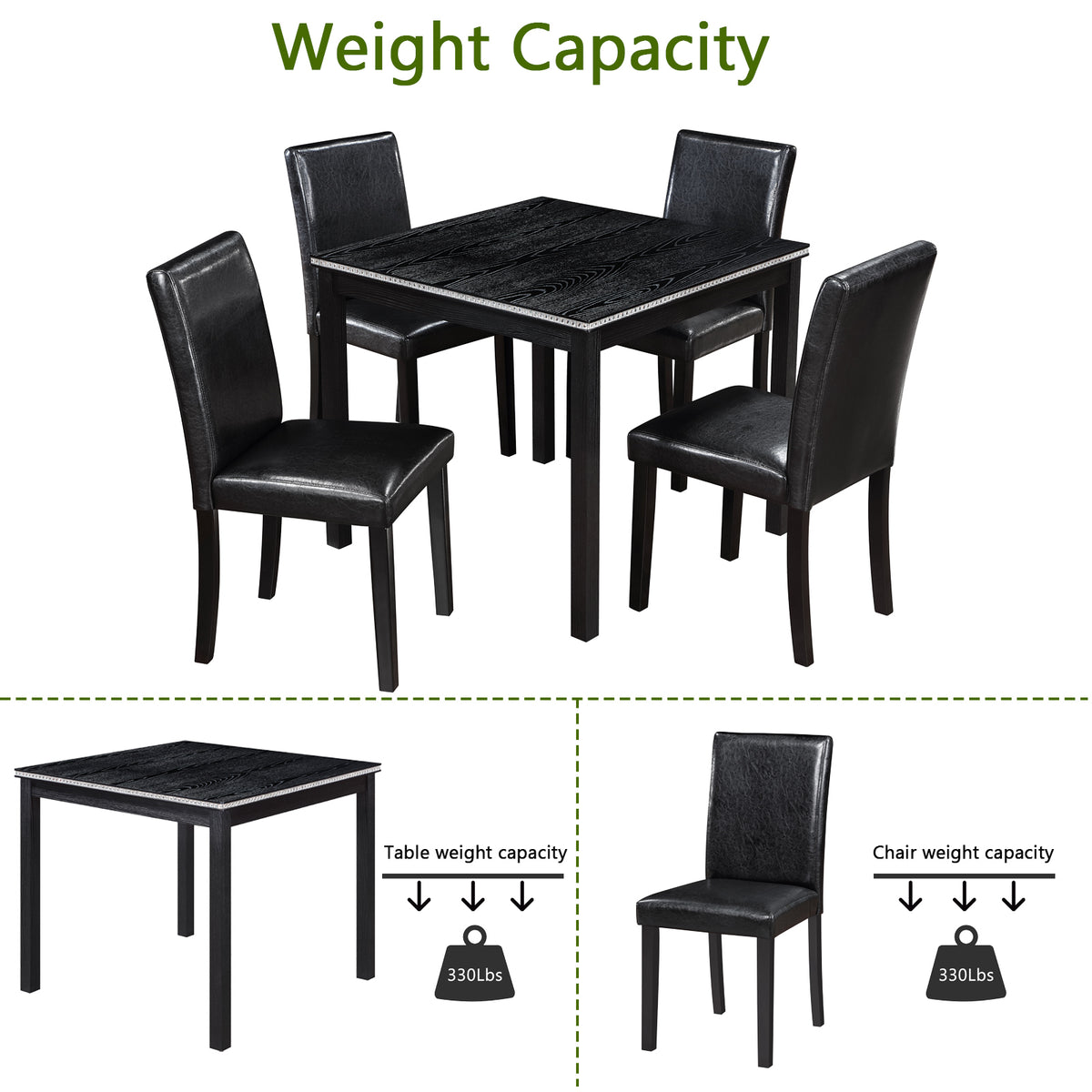 5 Piece Wooden Dining Table Set, Kitchen Table Set with a Square Table and 4 Upholstered Chairs, Wooden Dining Room Table with Crystal Decoration and Chairs Set for Kitchen, Dining Room, Black W1998S00041-djyc