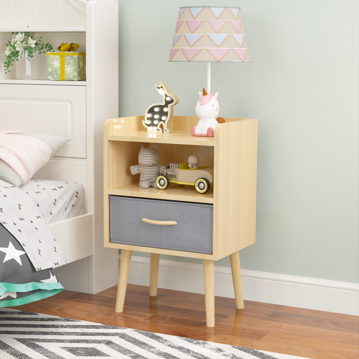 Nightstand With Collapsible Fabric Drawer, 2-Tier Storage End Table, Wood Side Table with Storage Cabinet or Kids, Adults - Oak W808P147110-djyc