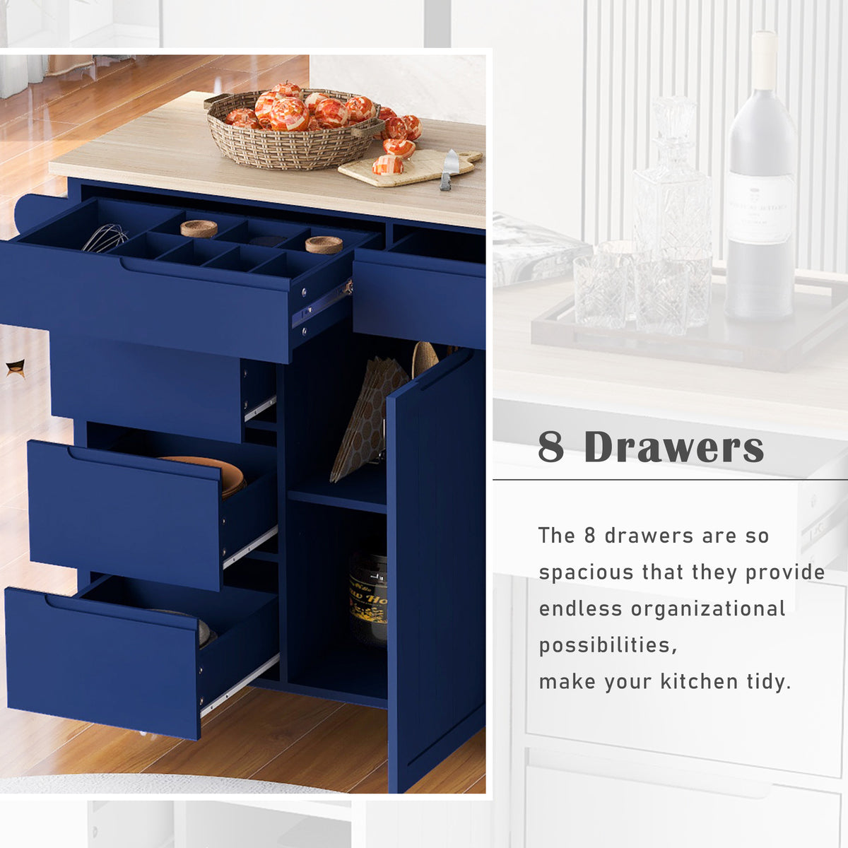 K&K Store Kitchen Cart with Rubber Wood Countertop , Kitchen Island has 8 Handle-Free Drawers Including a Flatware Organizer and 5 Wheels for Kitchen Dinning Room, Dark Blue SK000002AAG-djyc