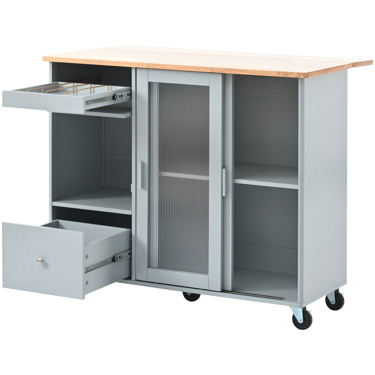 Kitchen Island with Drop Leaf, LED Light Kitchen Cart on Wheels with 2 Fluted Glass Doors and 1 Flip Cabinet Door, Large Kitchen Island Cart with an Adjustable Shelf and 2 Drawers (Grey Blue) WF311171AAG-djyc