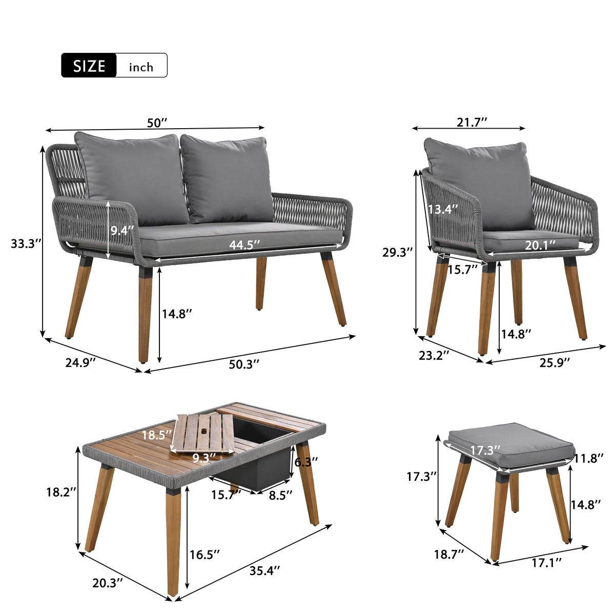 K&K 6-Piece Rope Patio Furniture Set, Outdoor Furniture with Acacia Wood Cool Bar Table with Ice Bucket , Deep Seat Patio Conversation Set with Two Stools for Backyard Porch Balcony (Grey) SK000005AAE-djyc