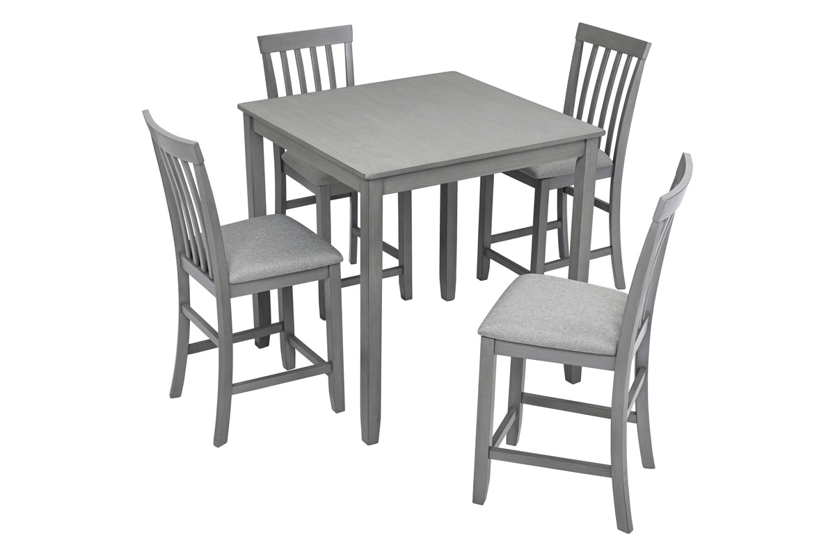 5 Piece Dining Table Set, Wooden Dining Square Table Set for 4, Counter Height Kitchen Table Set with Square Table and 4 Upholstered Chairs for Small Space, Gray W1998S00030-djyc