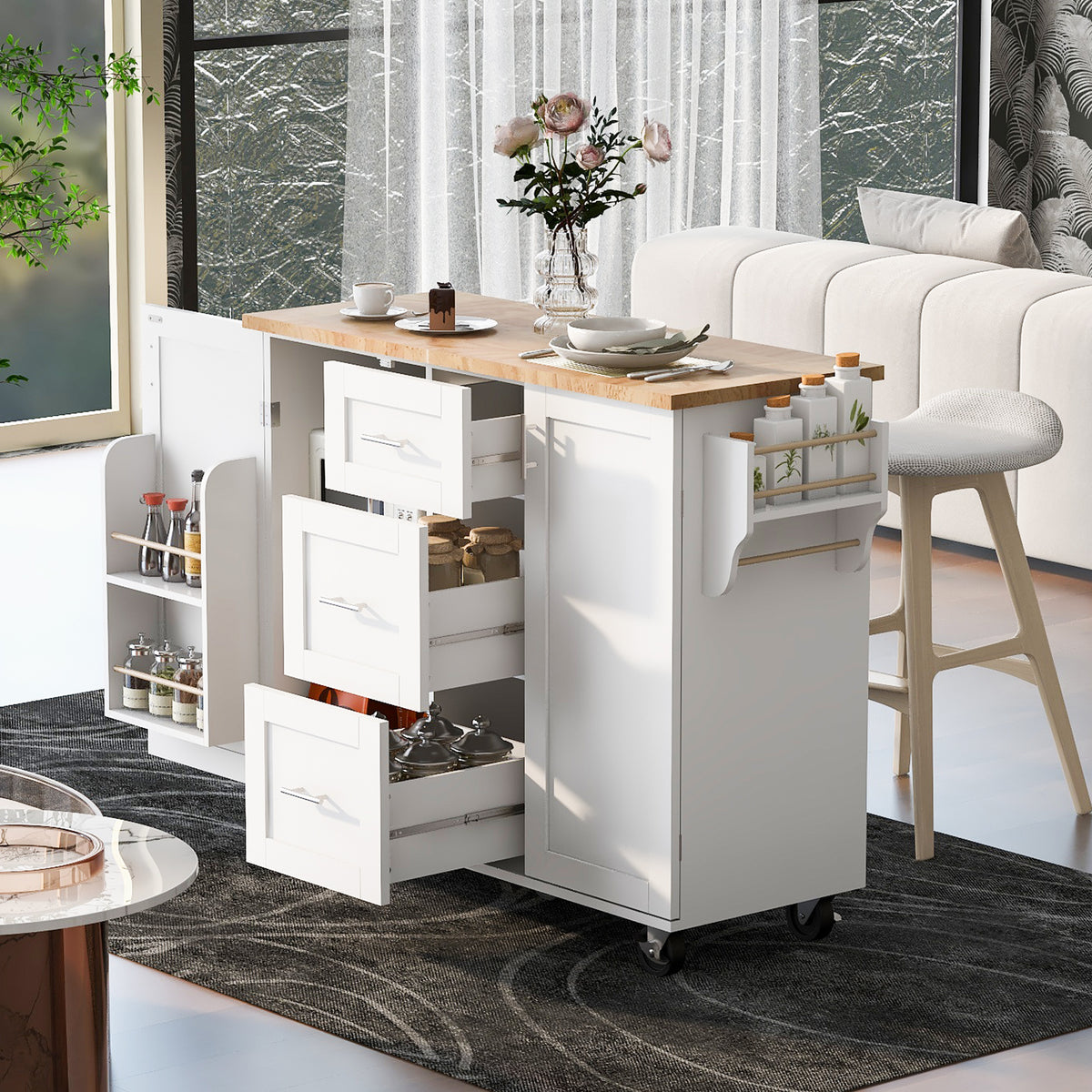 K&K Rolling Kitchen Island with Storage, Kitchen Cart with Rubber Wood Top, 3 Drawer, 2 Slide-Out Shelf and Internal Storage Rack, Kitchen Island on Wheels with Spice Rack & Tower Rack, White WF316599AAW-djyc