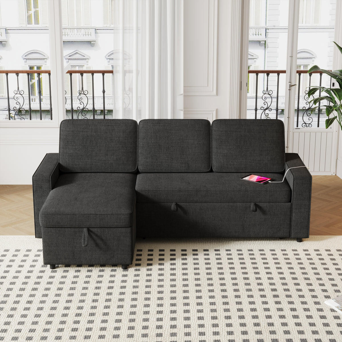 85.8" Pull Out Sleeper Sofa L-Shaped Couch Convertible Sofa Bed with Storage Chaise And Storage Racks,With USB Port And T-pyce Port W834S00265-djyc