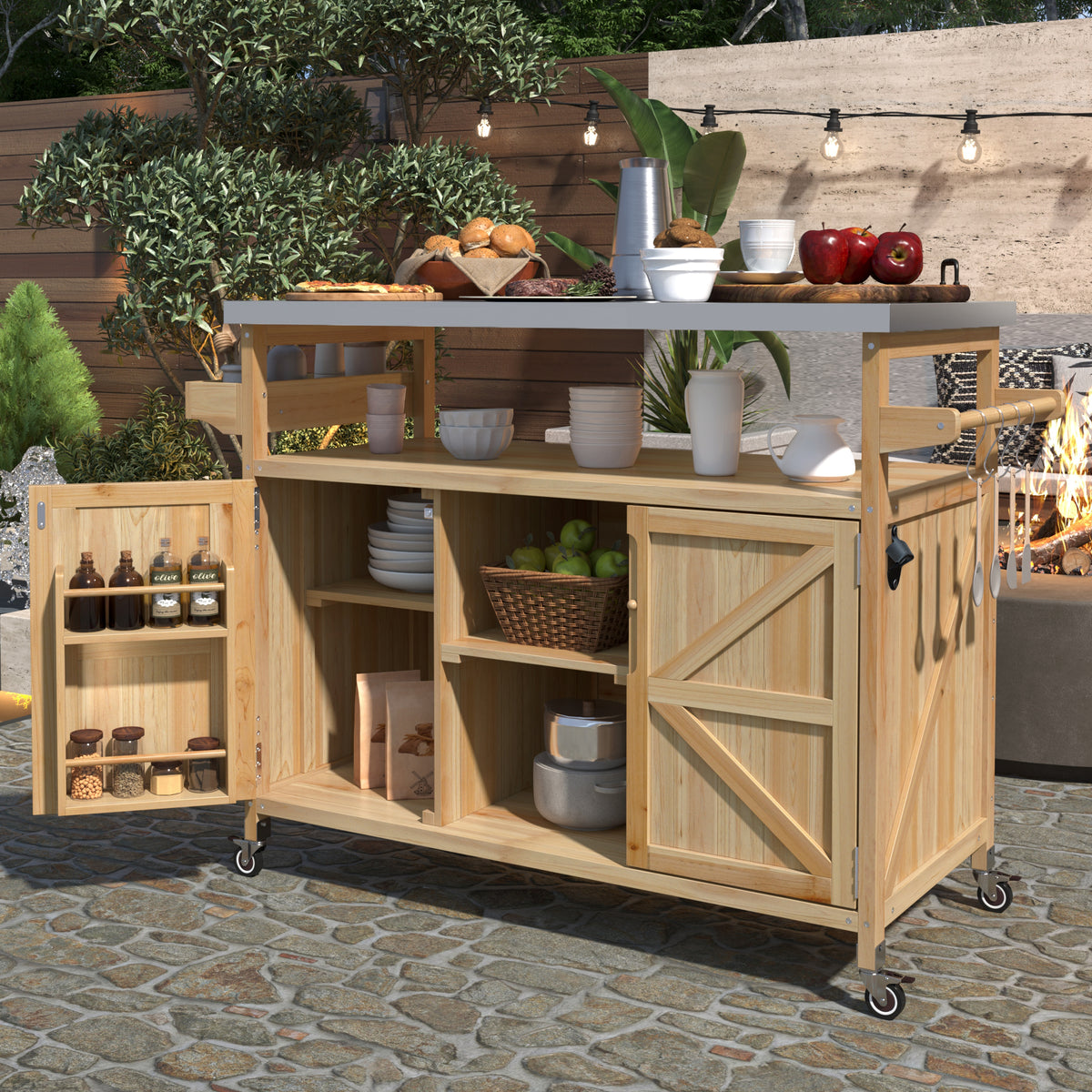 K&K Outdoor Kitchen Island, Rolling Bar Cart & Storage Cabinet, Farmhouse Solid Wood Outdoor Grill Table with Stainless Steel Top, Spice Rack , Towel Rack for Kitchen & BBQ , Natural WF532198AAY-djyc