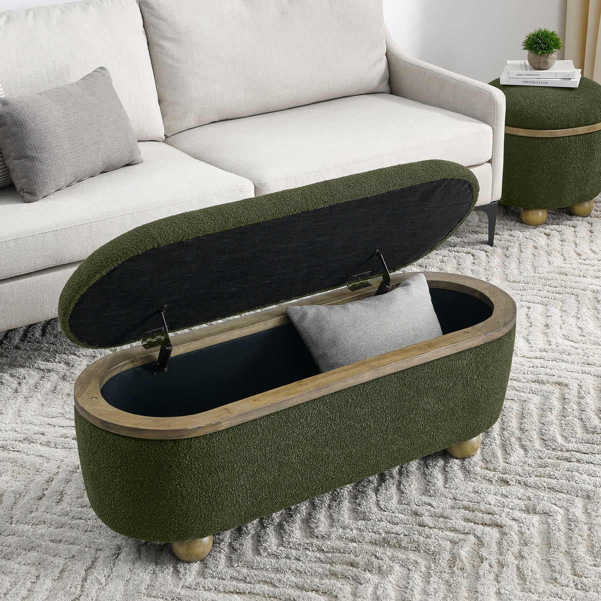 Storage Ottoman Bench, Upholstered End of Bed Ottoman Bench with Storage and Seating, Large Blanket Storage Bench for Foot Rest in Bedroom, Living Room, Entryway, Dark green W487P179605-djyc