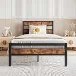 Twin Size Platform Bed Frame with Rustic Vintage Wood Headboard, Strong Metal Slats Support, No Box Spring Needed W840P144081-djyc