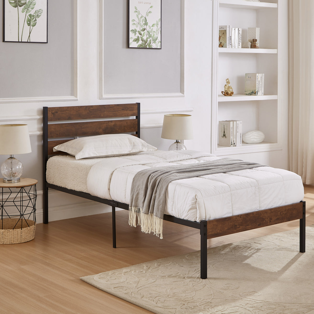 Twin Size Bed Frame with Wood Headboard, Metal Frame with Strong Slats, Noise Free,No Box Spring Needed-Brown W2336P167500-djyc