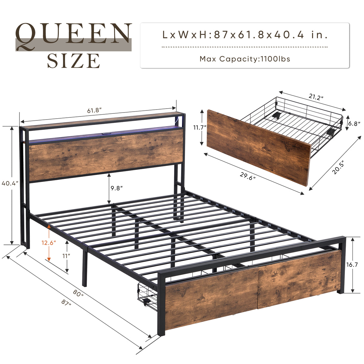 Queen Size Bed Frame with Storage Headboard and 2 Drawers, LED Lights Bed with Charging Station, Metal Platform Bed No Noise, Mattress Foundation Strong Metal Slats Support No Box Spring Needed W1916126253-djyc