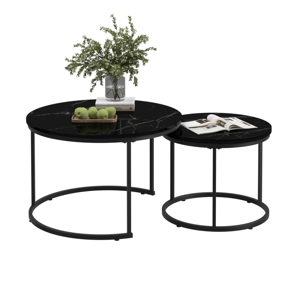 Nesting Coffee Table Set of 2, 27.6inch Round Coffee Table Wood Marble Pattern Top with Sturdy Metal Frame, End Table Side Tables for Living Room Bedroom Balcony Yard (Black) W808P176723-djyc