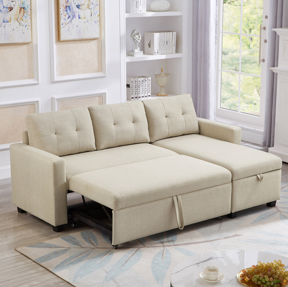 Upholstered Pull Out Sectional Sofa with Storage Chaise, Convertible Corner Couch, Beige W2336S00014-djyc