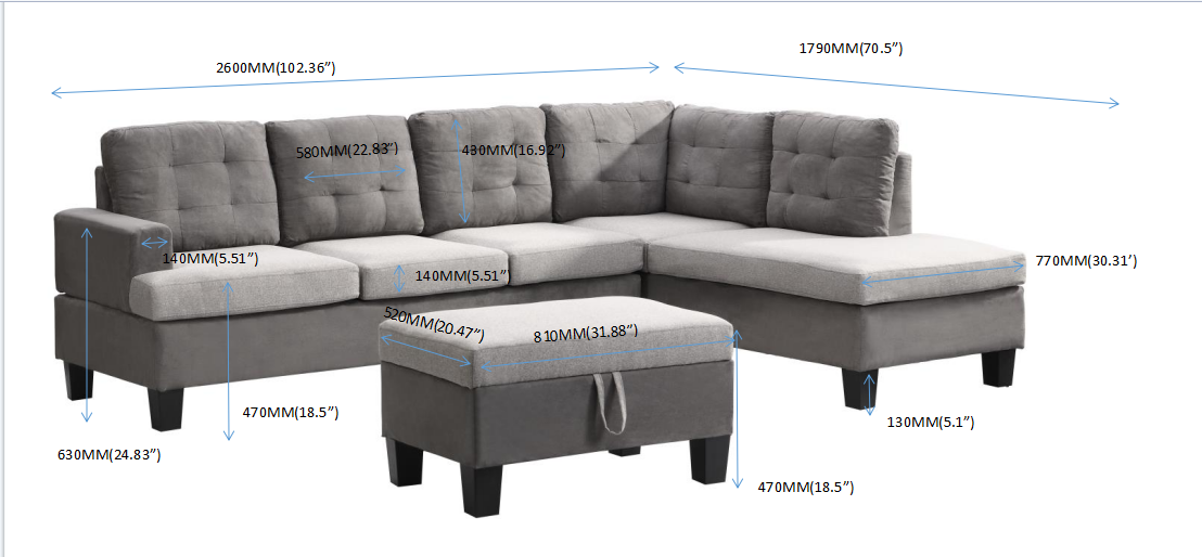 Sofa Set for Living Room with Chaise Lounge and Storage Ottoman Living Room Furniture Gray W214S00018-djyc