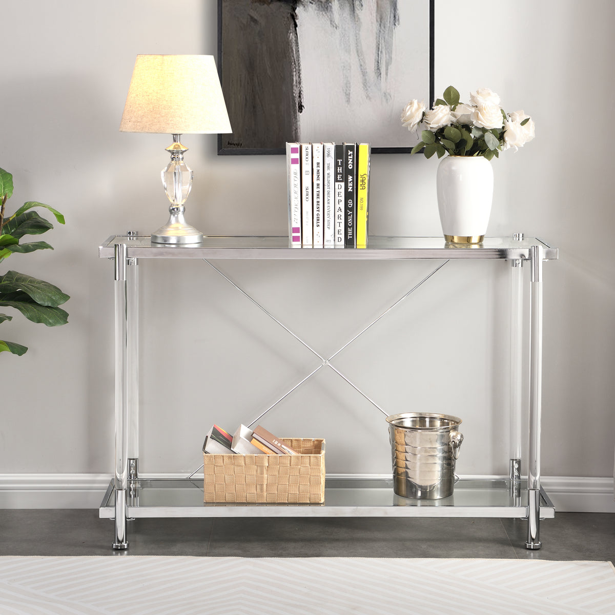 43.31'' Chrome Glass Sofa Table, Acrylic Side Table, Console Table for Living Room& Bedroom W821P184417-djyc