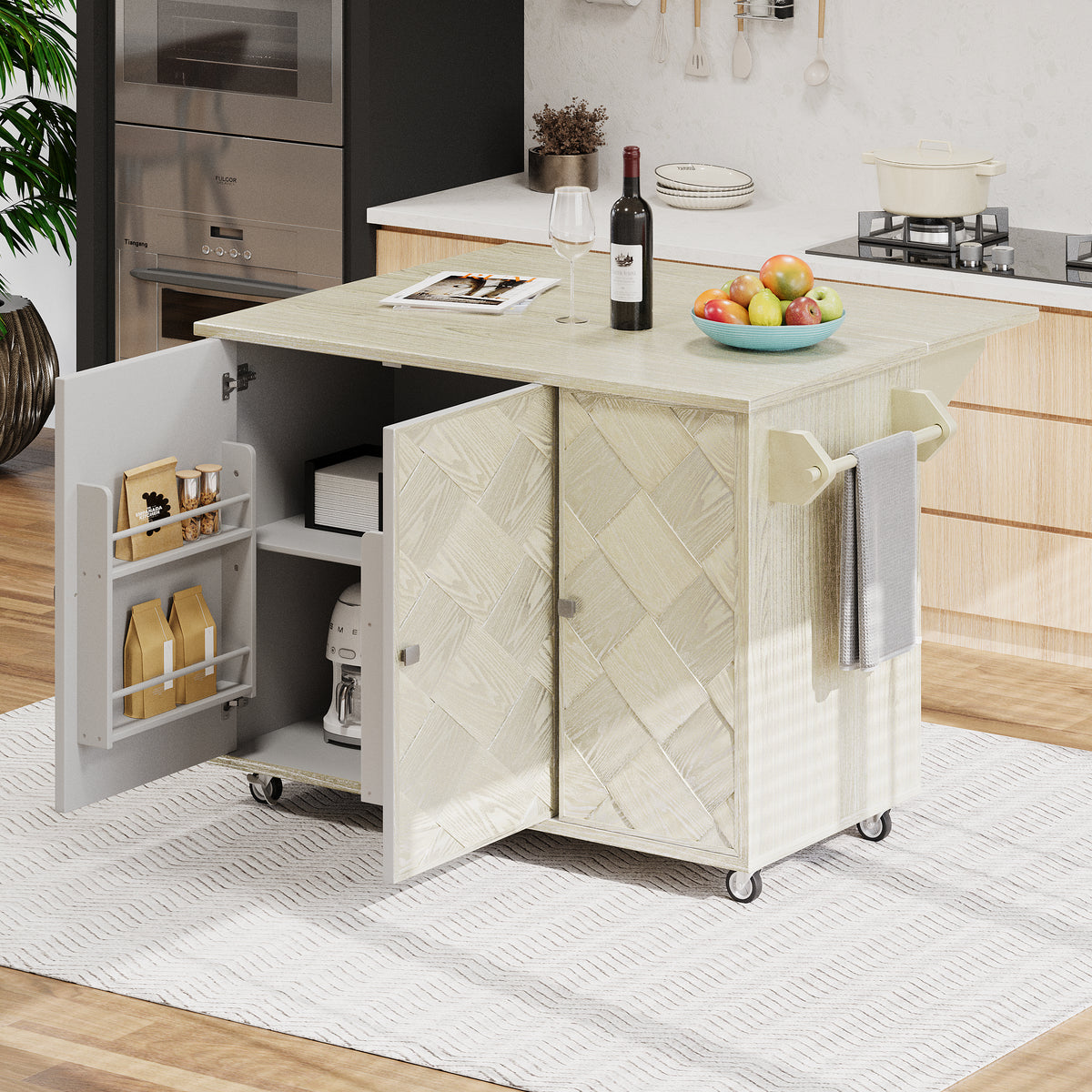 K&K 51.2"W Ash Veneer (Not Cheap Paper) Solid Wood Handwoven Kitchen Island with Drop Leaf, Coastal Kitchen Island on Wheels with Internal Storage Rack, Rolling Kitchen Cart, Champagne N707P207916X-djyc