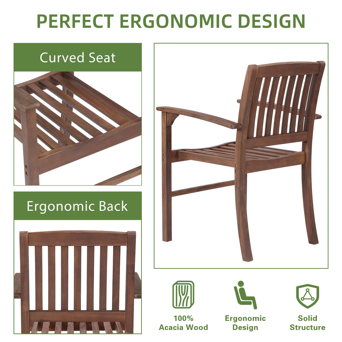 Acacia Wood Patio Dining Chair Set of 2, Solid Wood Indoor Outdoor Comfortable Seat Brown, Modern Farmhouse Chair for Kitchen, Bedroom, Living Room W2640P207939-djyc