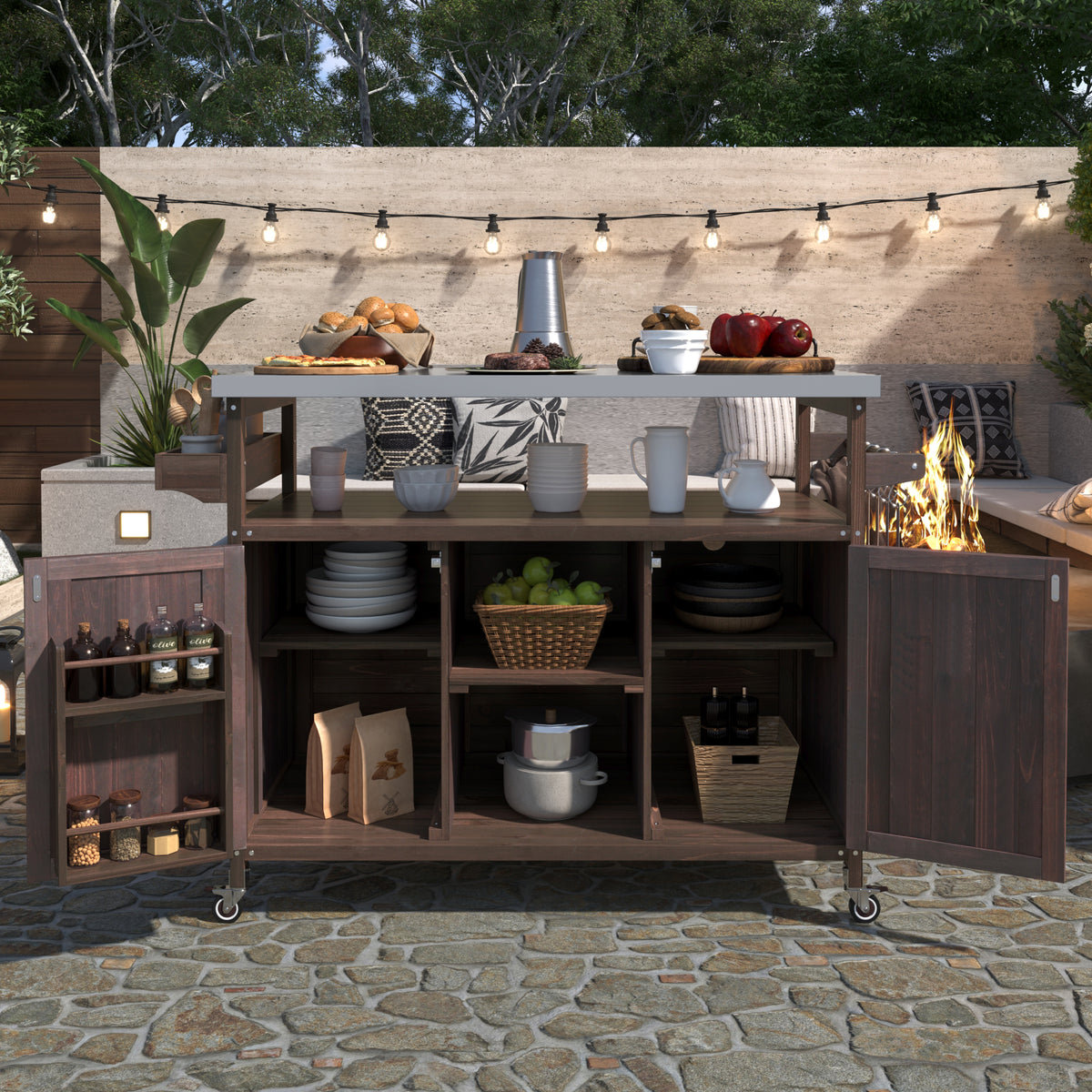 K&K Outdoor Kitchen Island, Rolling Bar Cart & Storage Cabinet, Farmhouse Solid Wood Outdoor Grill Table with Stainless Steel Top, Spice Rack , Towel Rack for Kitchen & Barbecue , Dark Brown WF532198AAZ-djyc