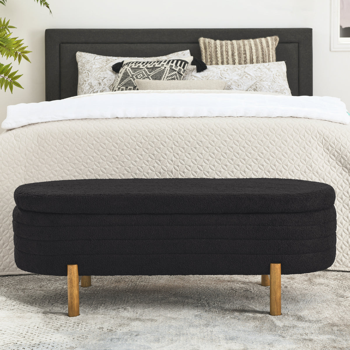 Ottoman Oval Storage Bench,Rubber Wood Leg,Black(46."x17.7"x10.8") W487P178760-djyc