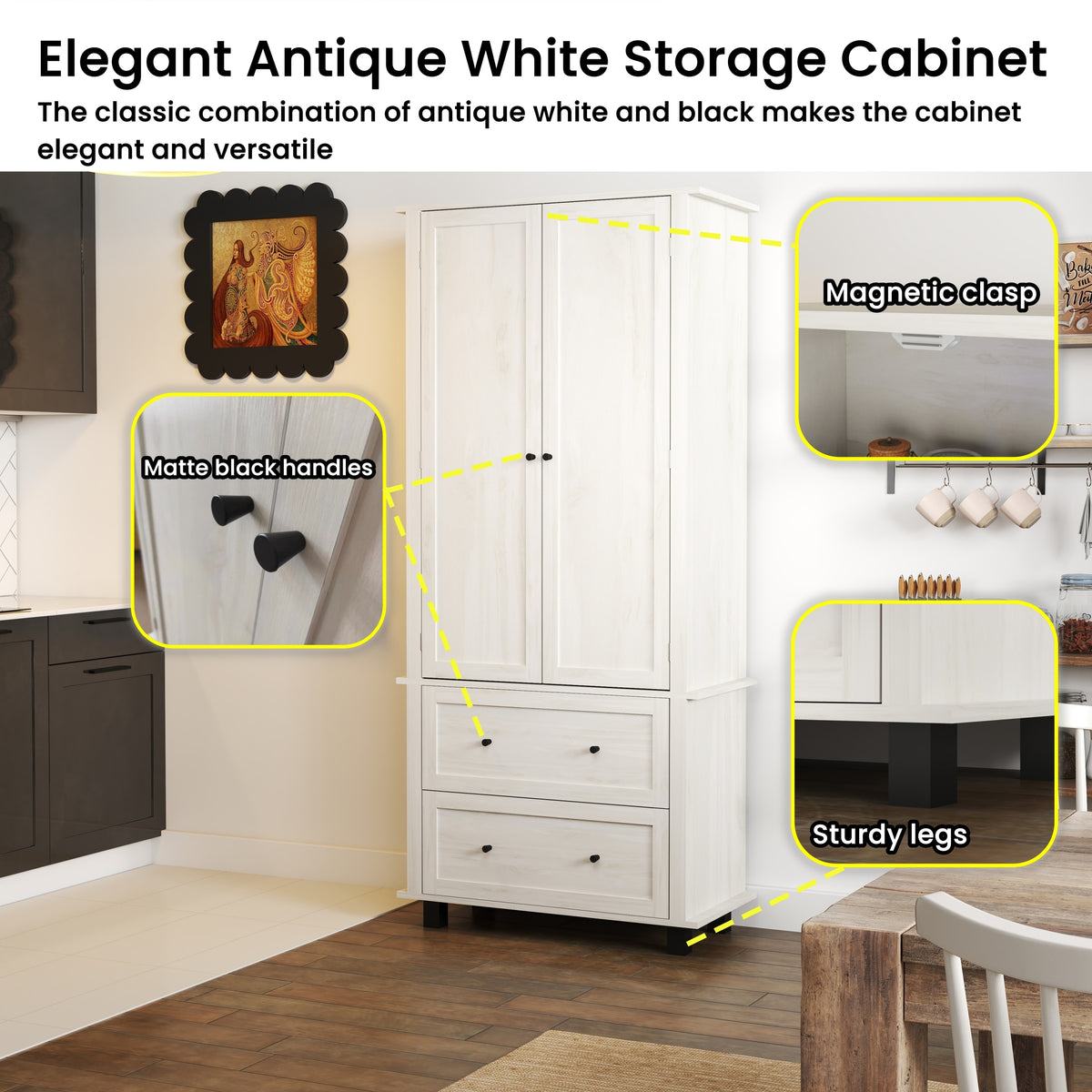 70" Tall Kitchen Pantry Storage Cabinet with 2 Drawers and 3 Shelves, Minimalist Wood Large Storage Cabinet for Kitchen, Dining Room, Living Room, Bathroom (Antique White) W2557P167887-djyc