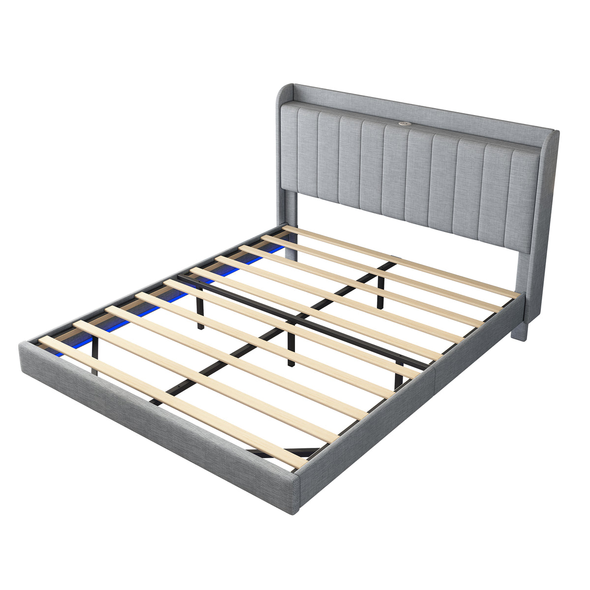 Queen size Floating Bed Frame,with Remote control LED Lights with APP , Wood Platform-Light Grey W2336P167496-djyc
