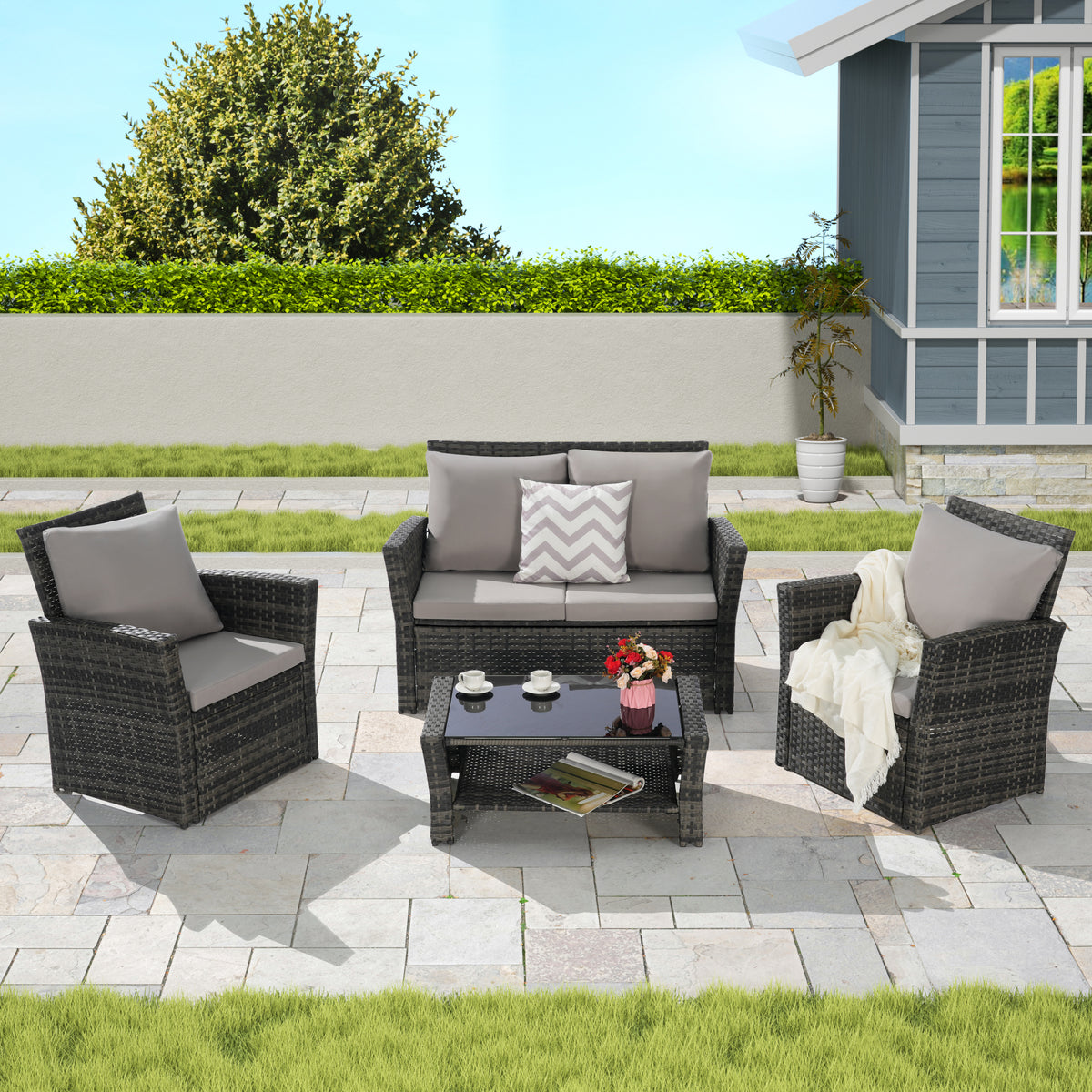 4 Pieces Outdoor Patio Furniture Sets Garden Rattan Chair Wicker Set, Poolside Lawn Chairs with Tempered Glass Coffee Table Porch Furniture W874P266298-djyc