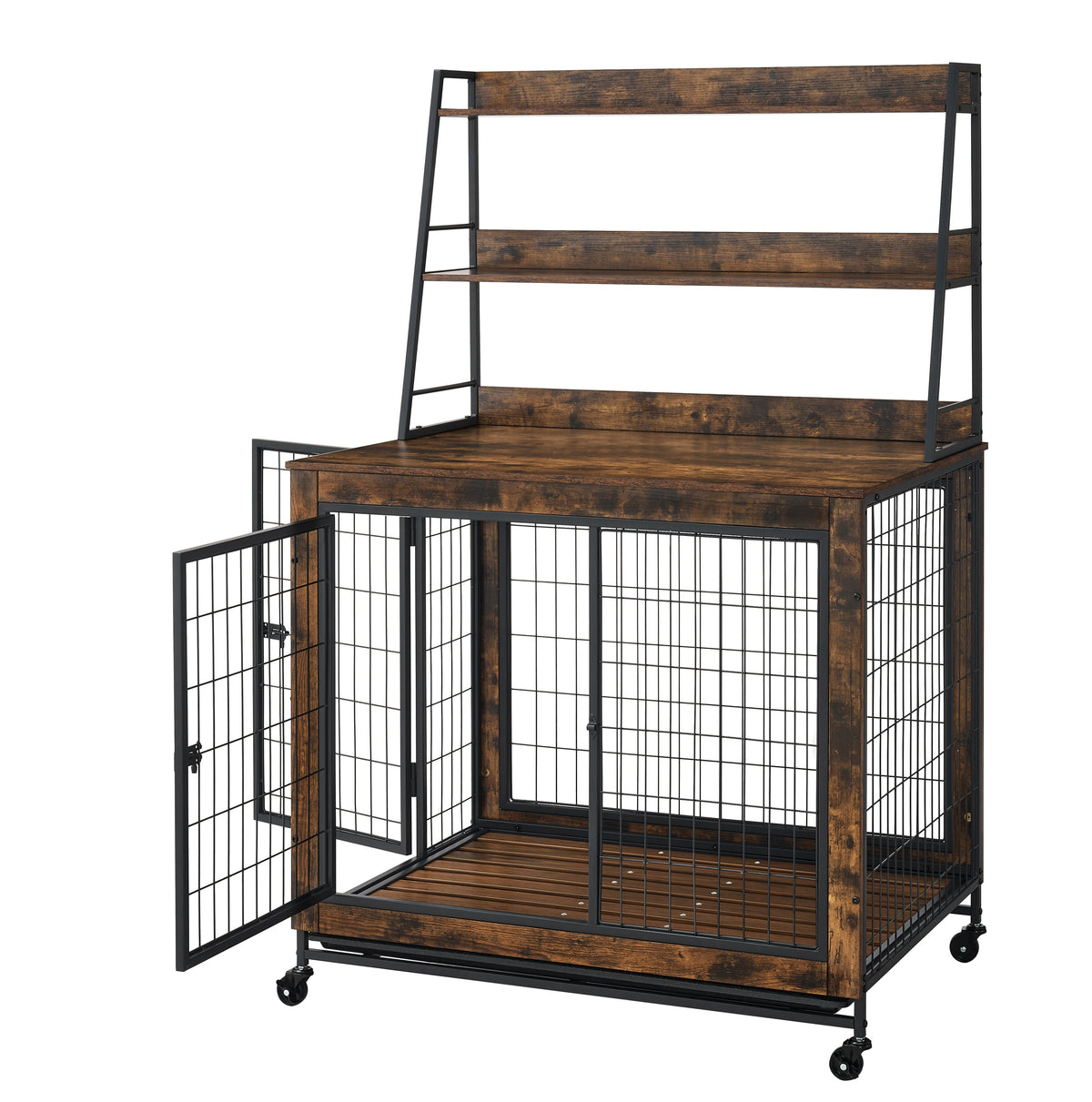 Furniture type dog cage iron frame door with cabinet, two door design, Rustic Brown,37.99"WX27.36"DX59.92"H W1903P151284-djyc