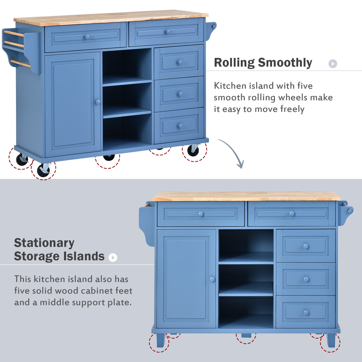 Kitchen cart with Rubber wood desktop rolling mobile kitchen island with storage and 5 draws 53 Inch length (Blue) WF297003AAG-djyc