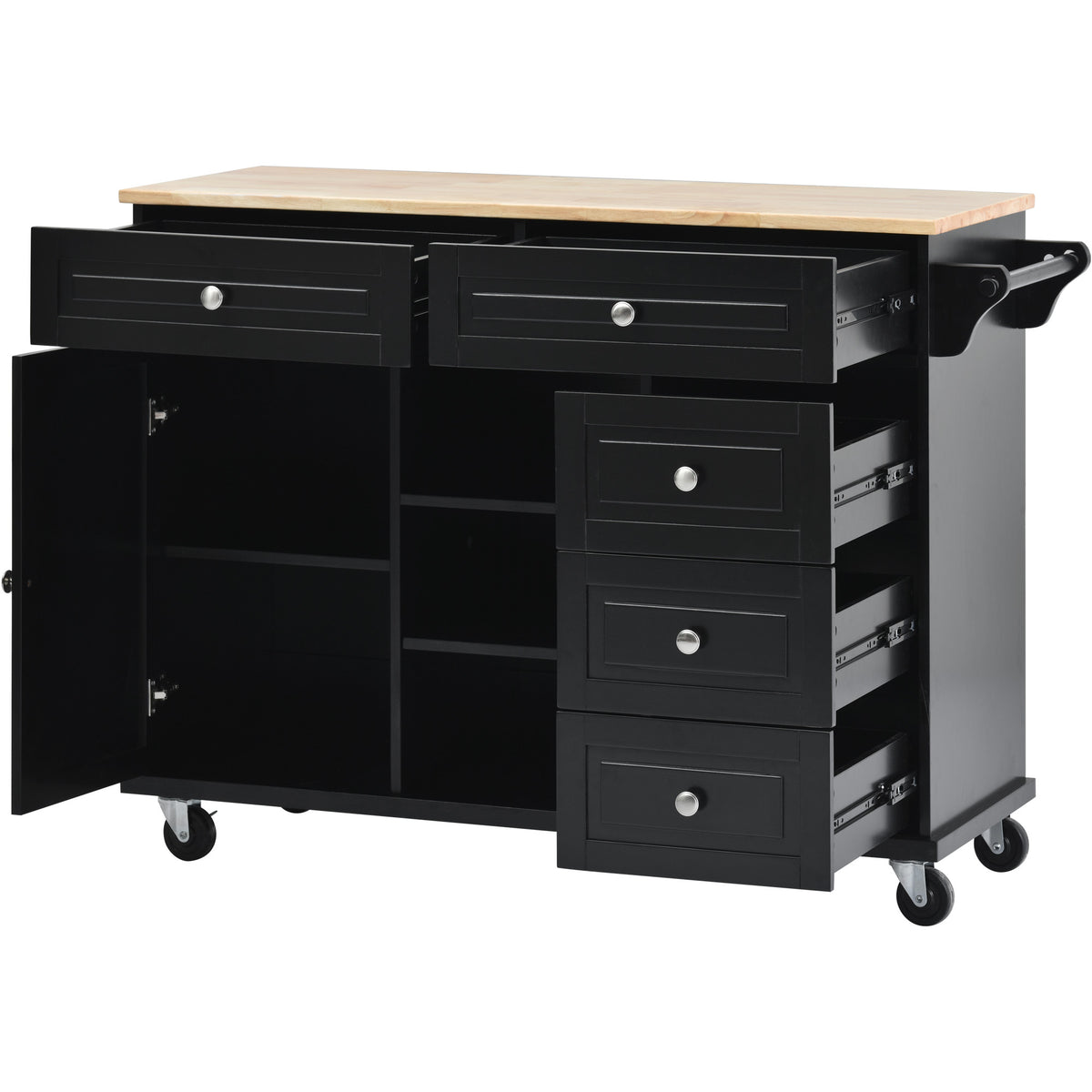 Kitchen cart with Rubber wood desktop rolling mobile kitchen island with storage and 5 drawers 53 Inch length (Black) WF297003AAB-djyc